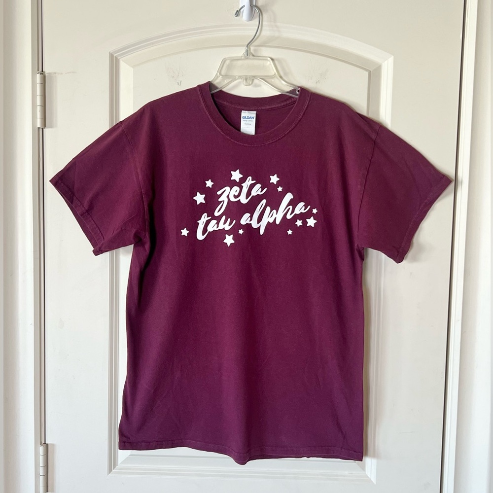Zeta Tau Alpha Maroon Sorority T-Shirt Large Stars Graphic Texas A&M Aggies Rush